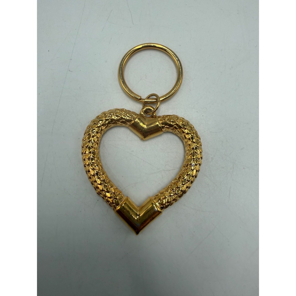 Vintage Gold Tone Textured Open Heart Keychain‎ Bag Charm Snake Pattern